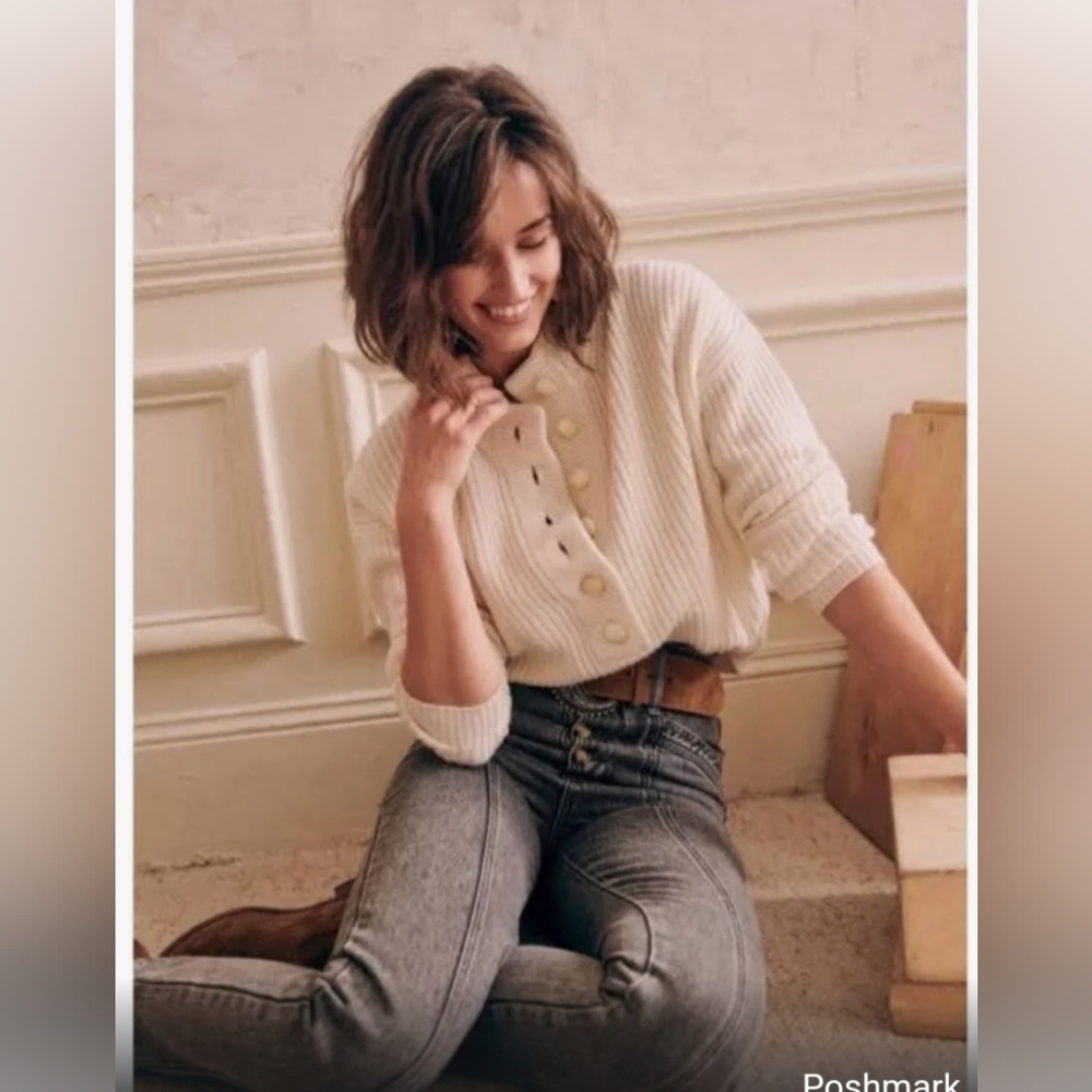 Sezane Maxime Grey Paperbag Jeans Button Fly High Rise 34
